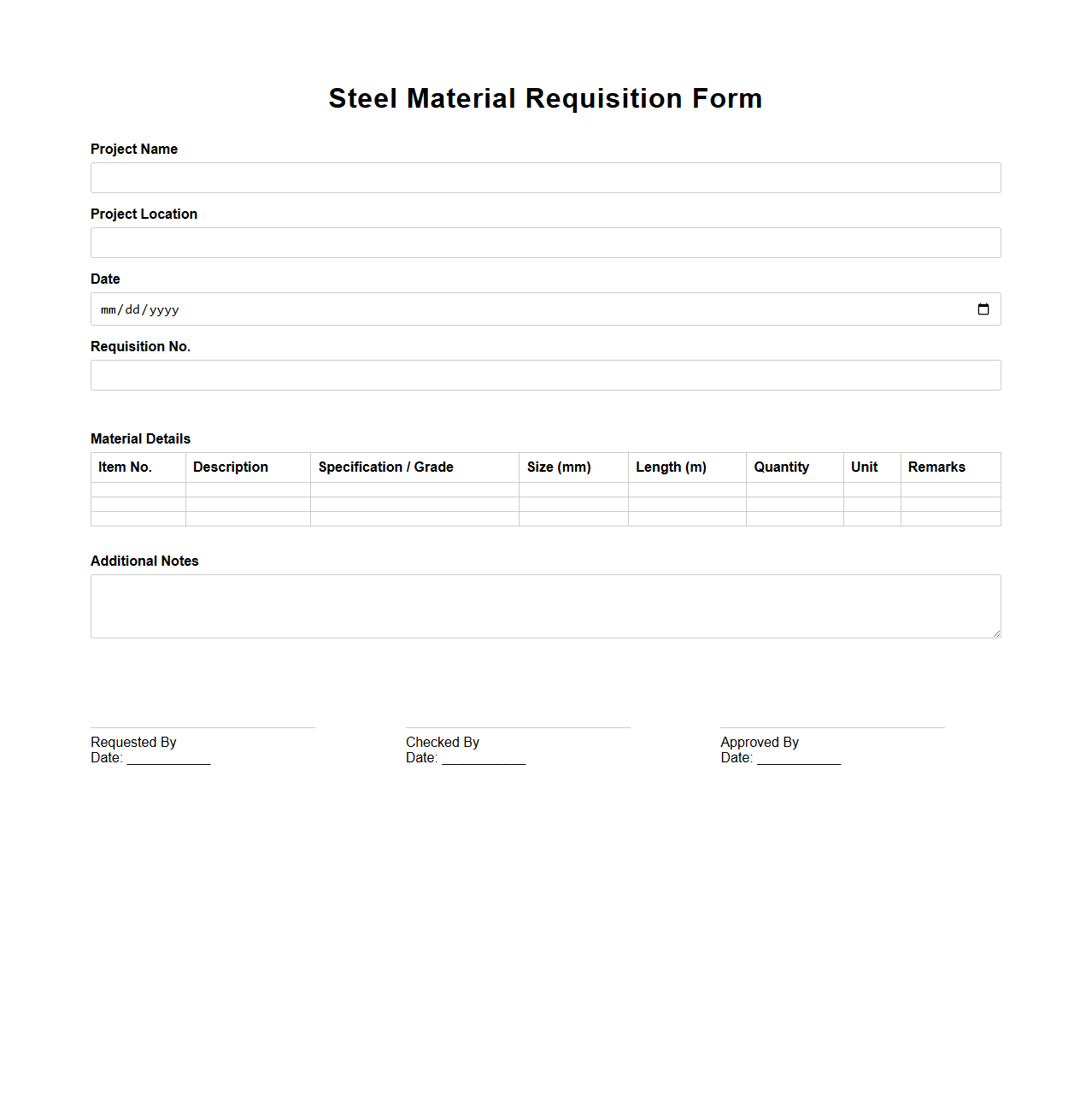 Steel Material Requisition Form Template