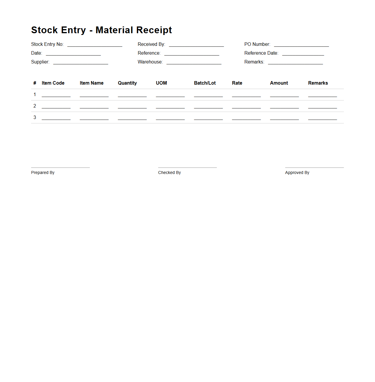 Stock Entry Material Receipt Sample