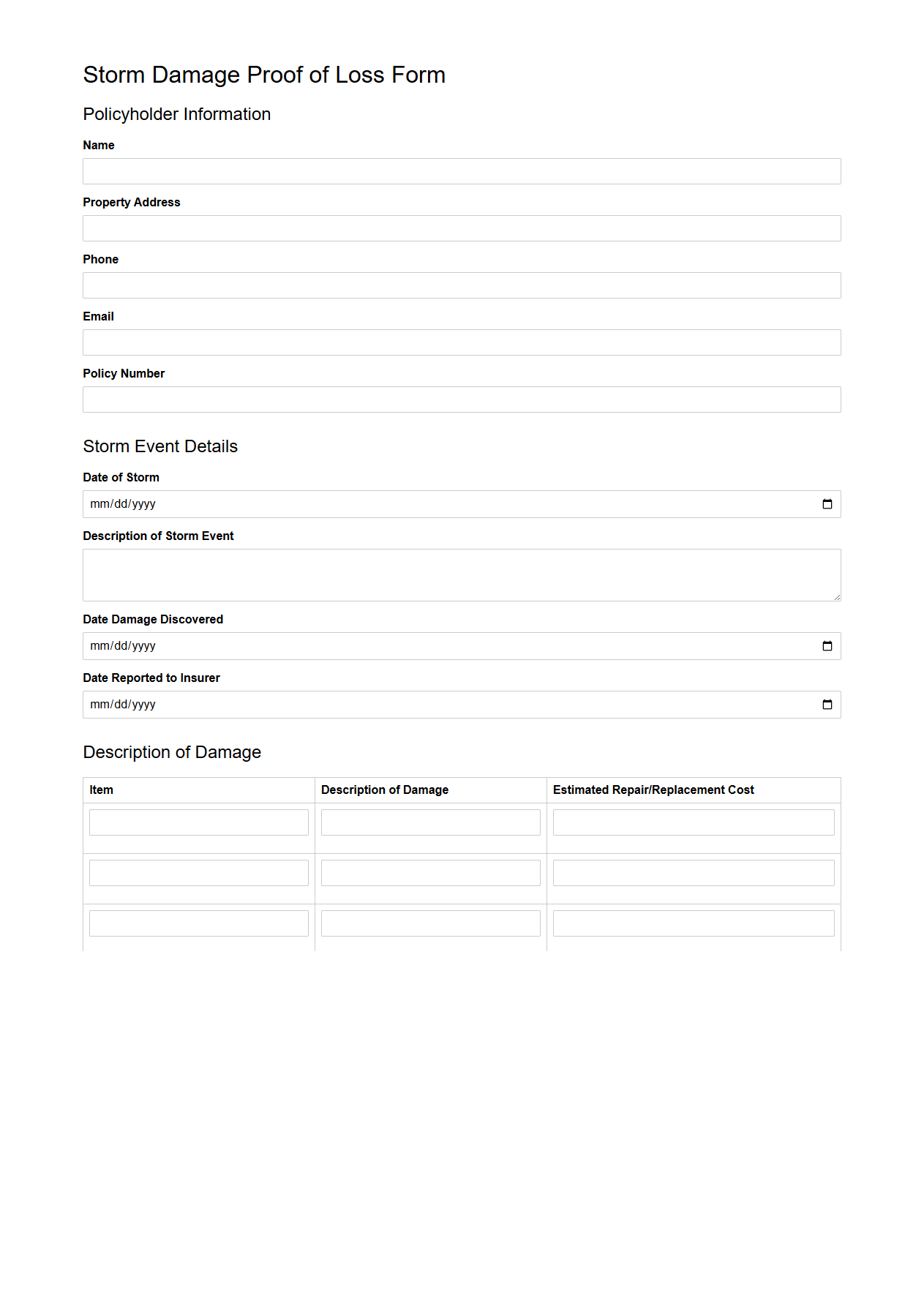 Storm Damage Proof of Loss Form for Homeowners