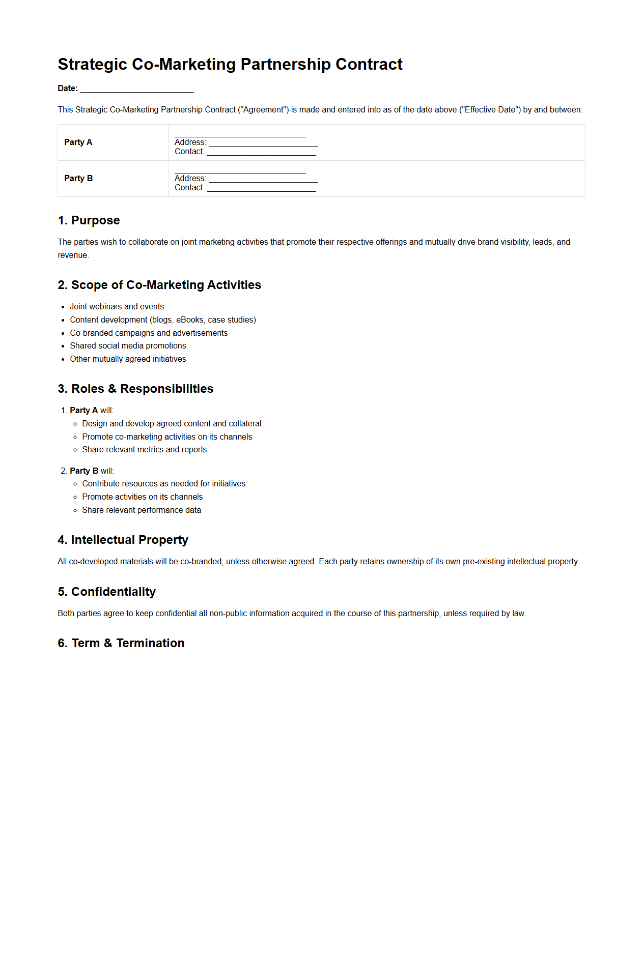 Strategic Co-Marketing Partnership Contract Sample