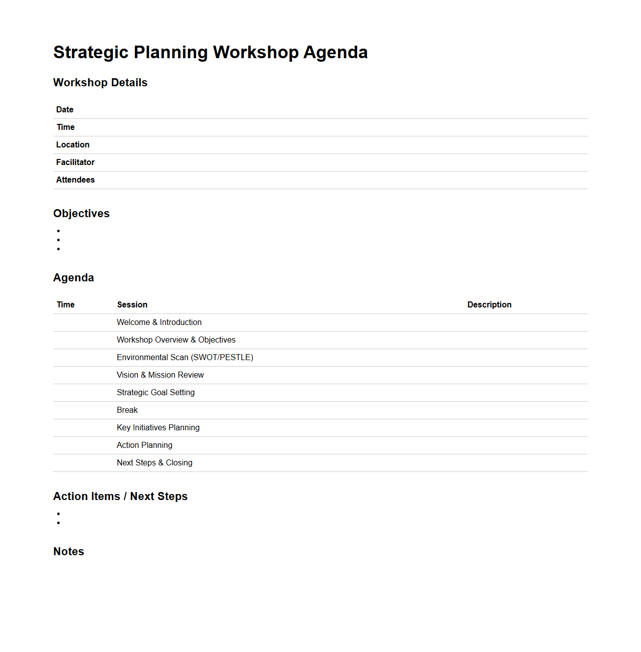 Strategic Planning Workshop Agenda Template