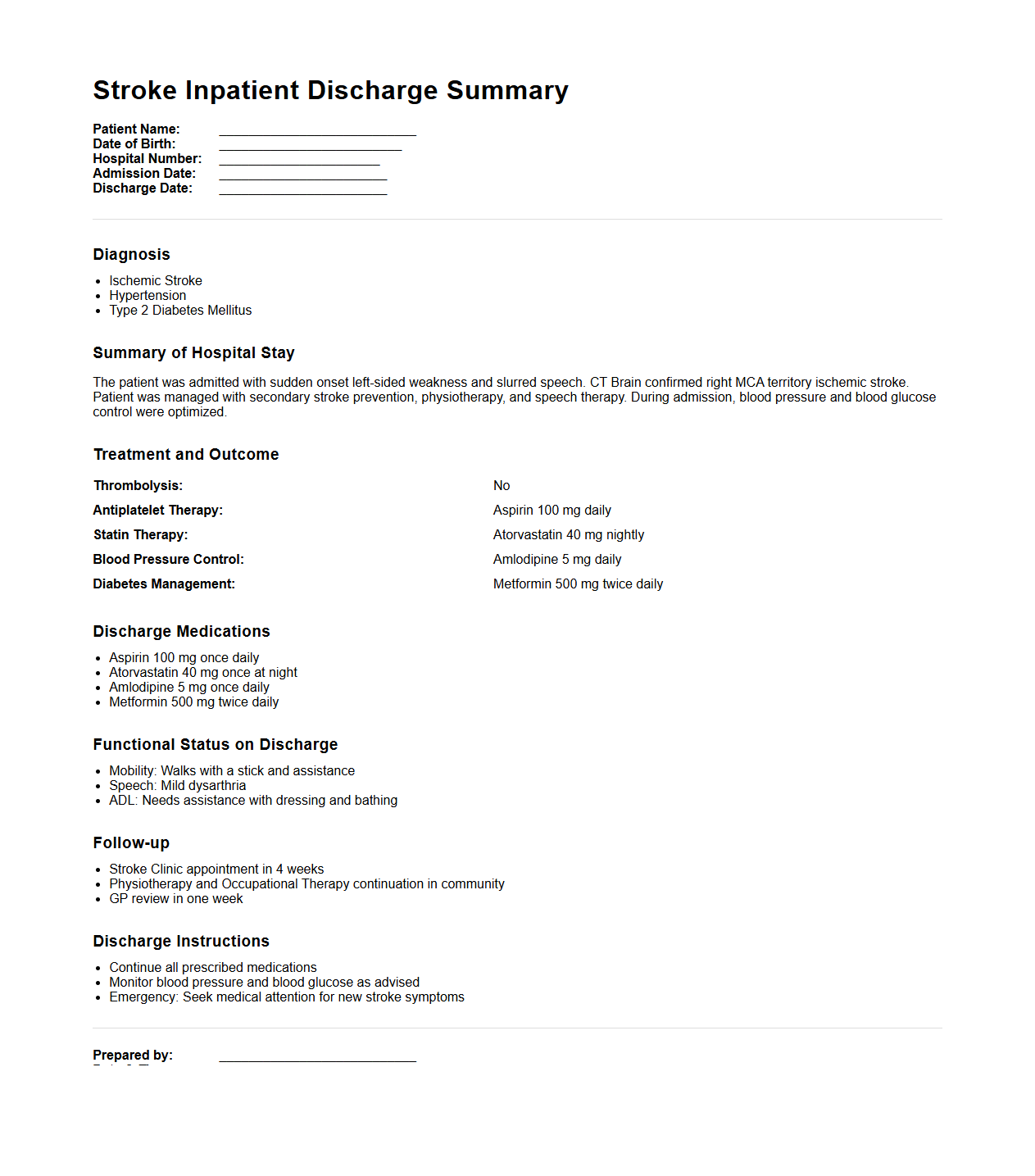 Stroke Inpatient Discharge Summary Example