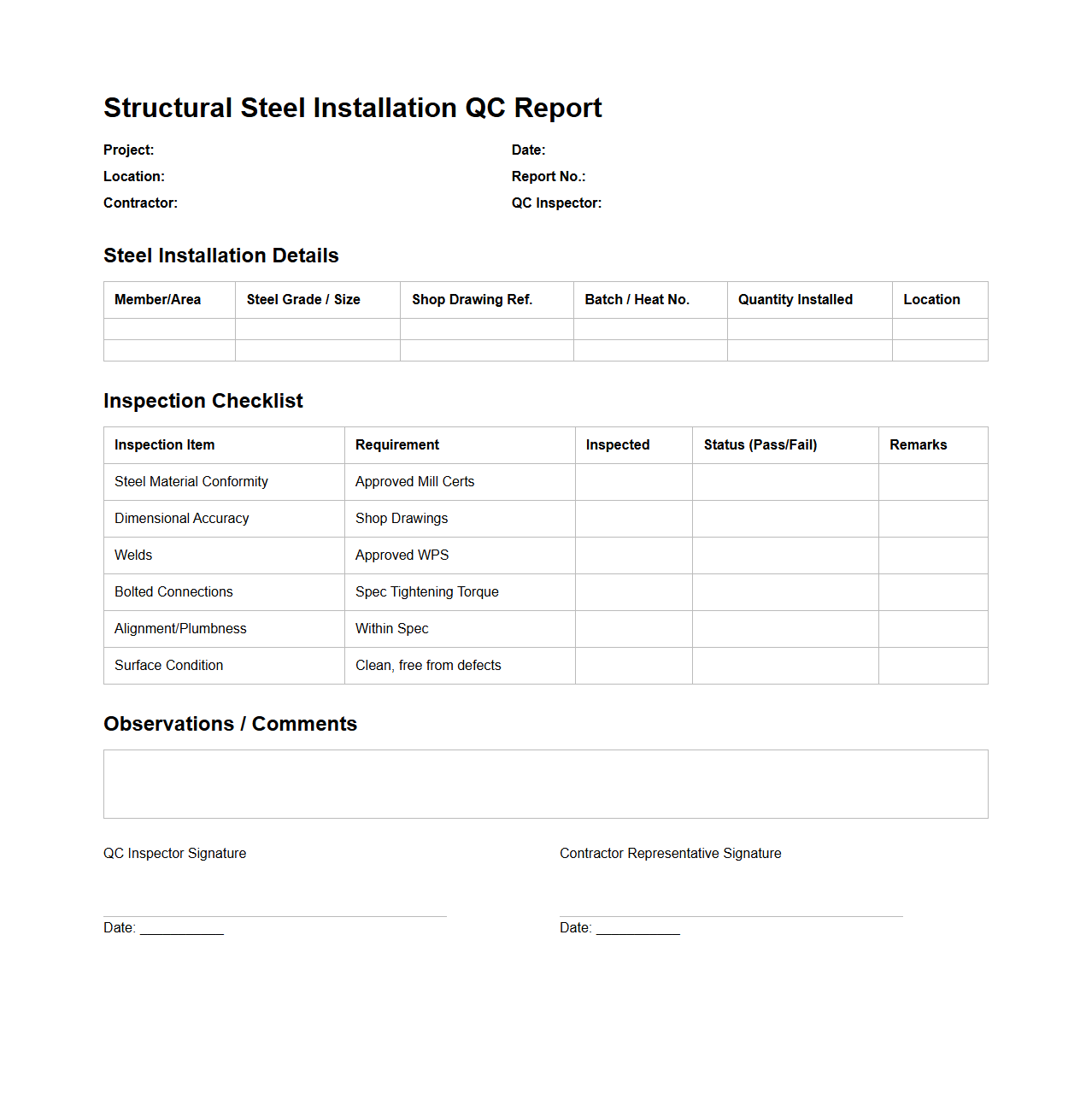 Structural Steel Installation QC Report Sample