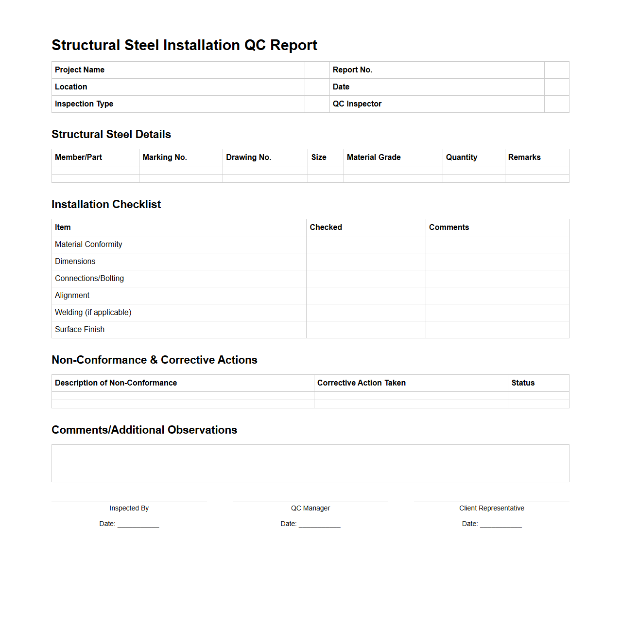 Structural Steel Installation QC Report Template