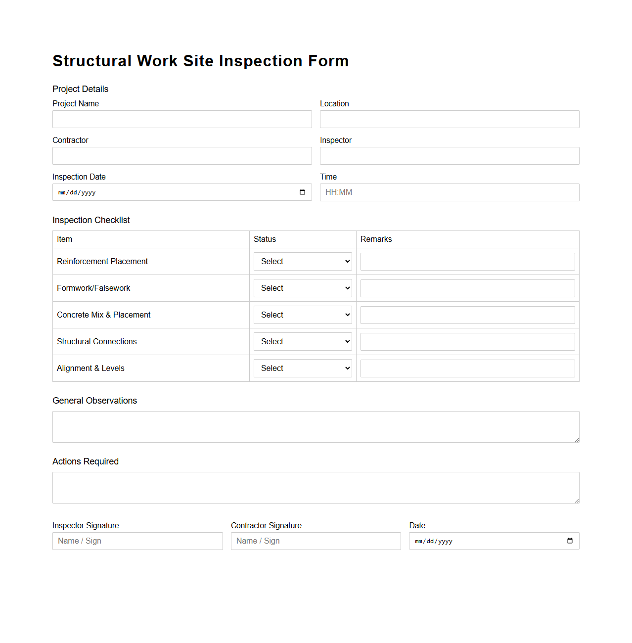 Structural Work Site Inspection Form Sample