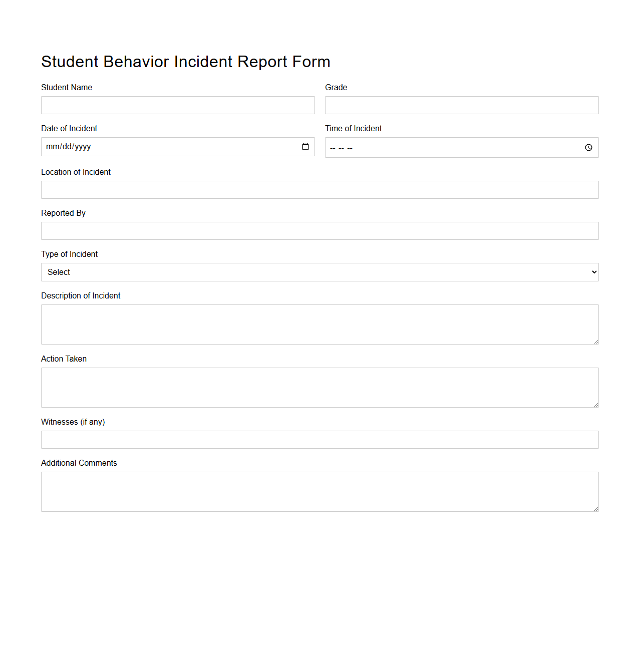 Student Behavior Incident Report Form for School Administration
