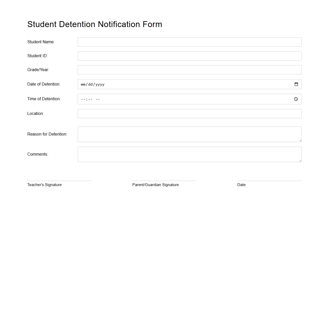 Student Detention Notification Form
