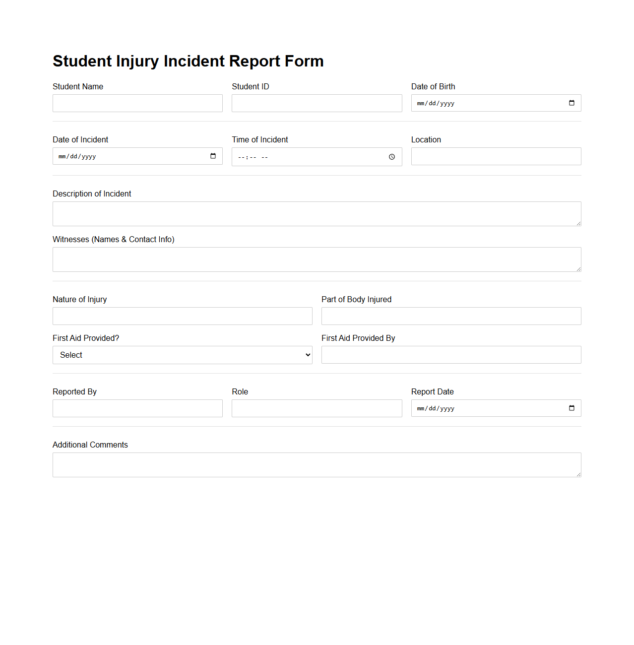 Student Injury Incident Report Form Example