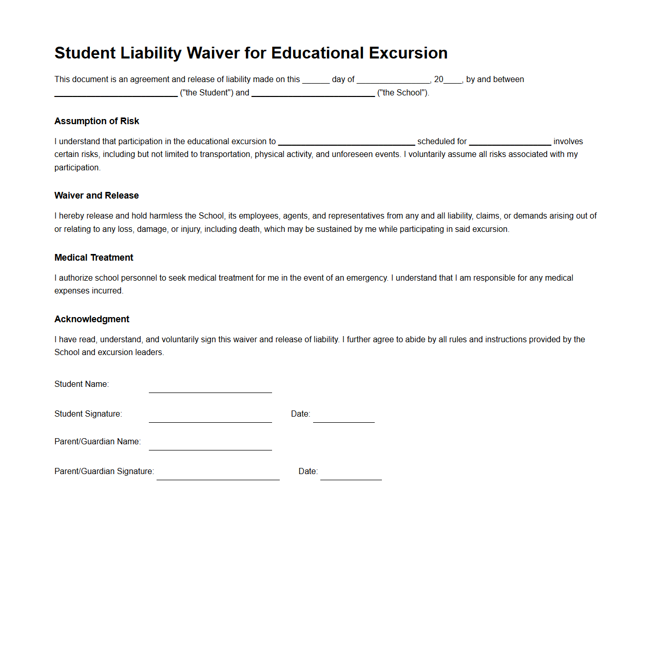 Student Liability Waiver for Educational Excursion