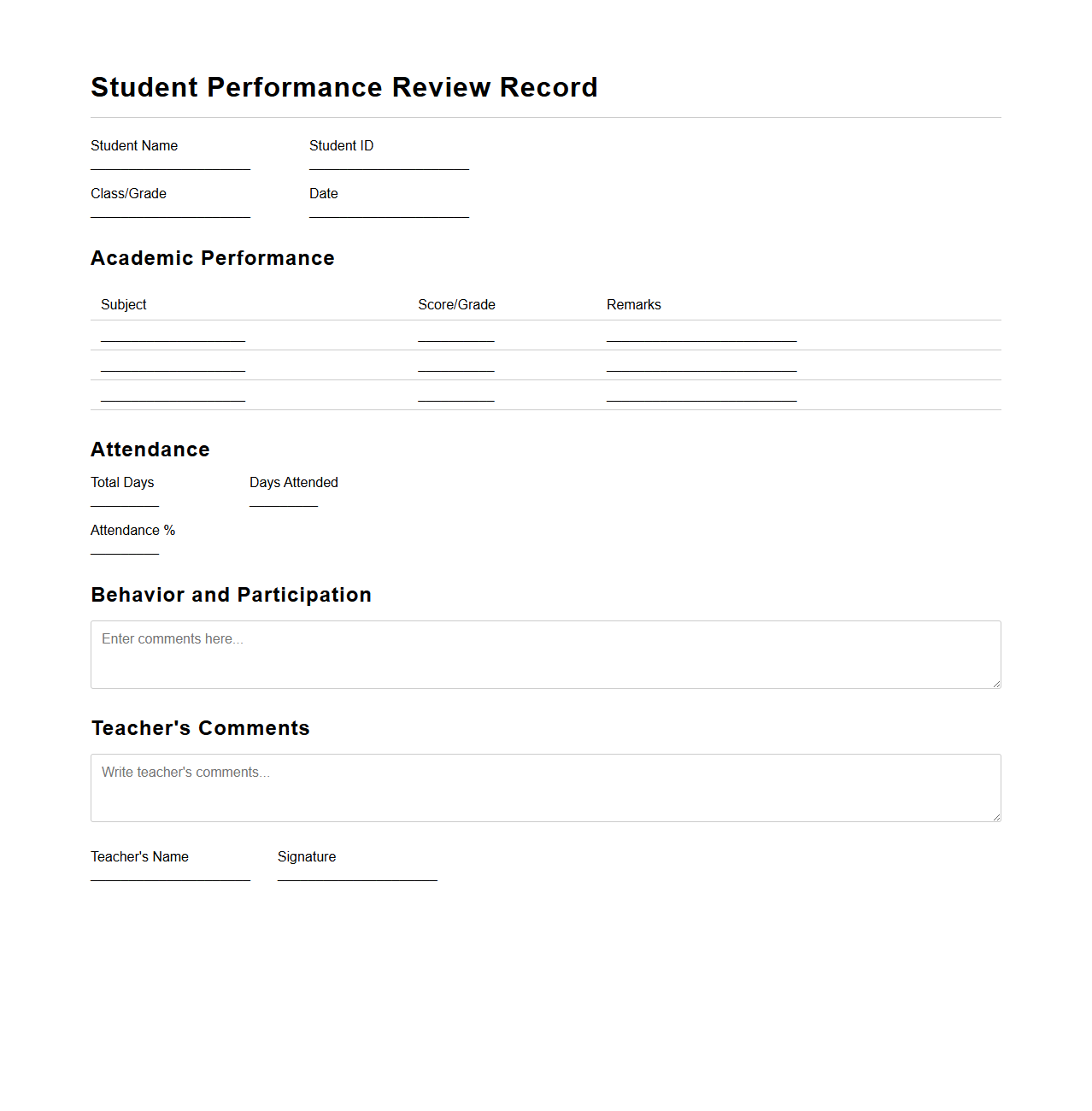 Student Performance Review Record