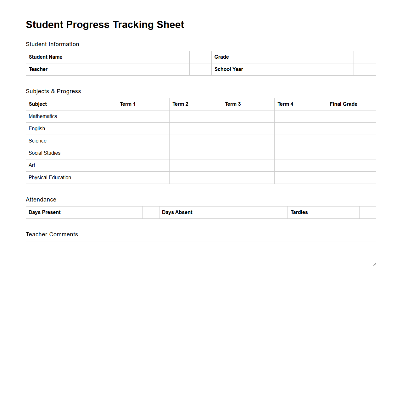 Student Progress Tracking Sheet for Elementary Classes