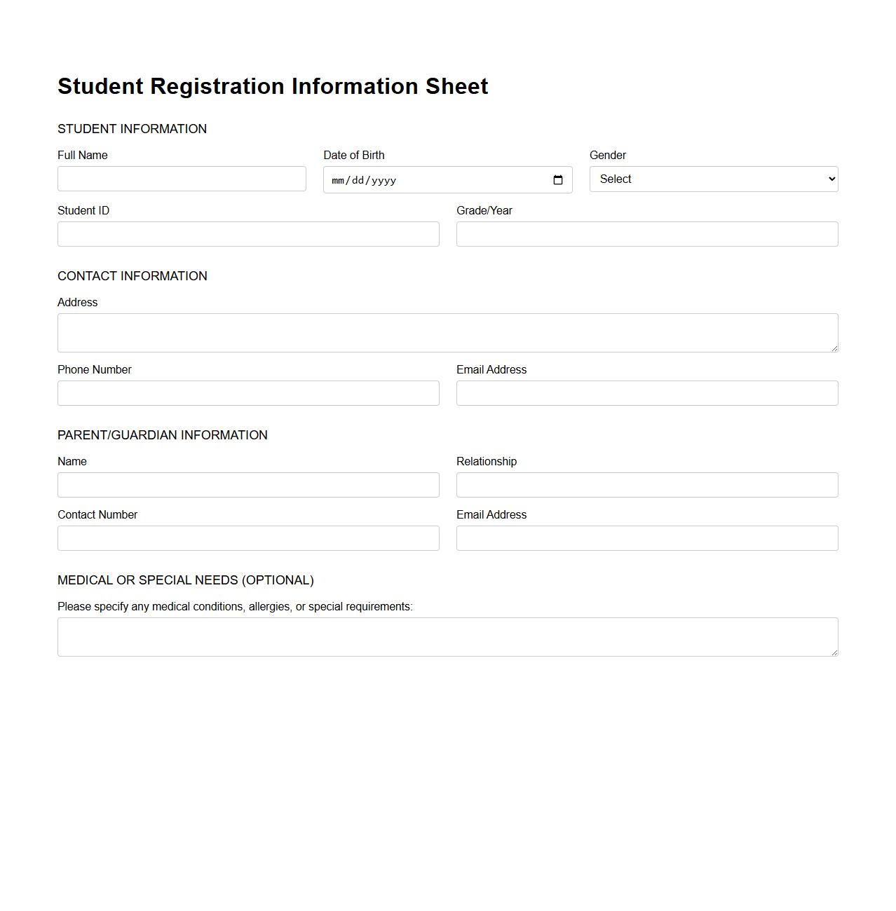 Student Registration Information Sheet Template