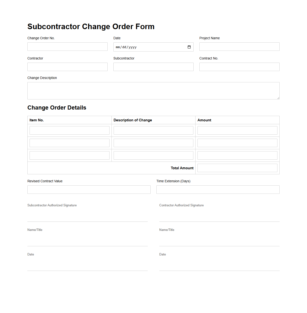 Subcontractor Change Order Form Sample
