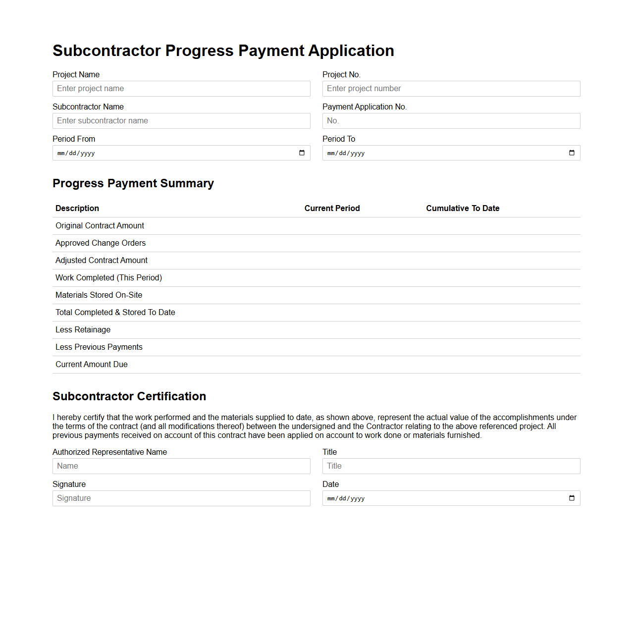 Subcontractor Progress Payment Application Sample