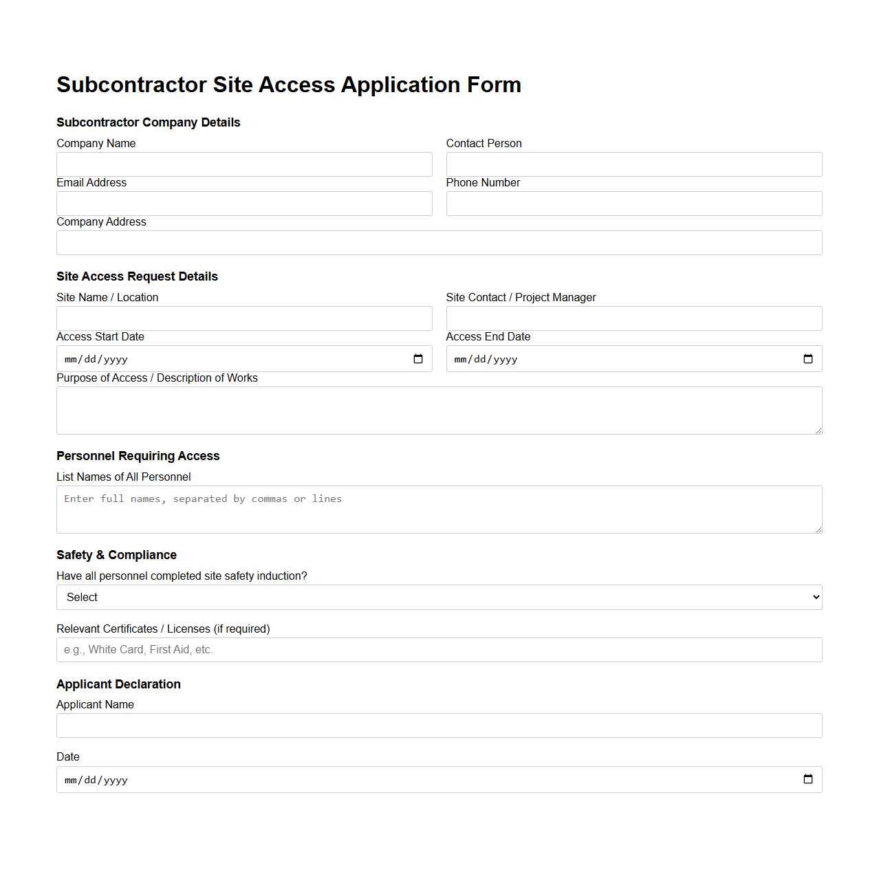 Subcontractor Site Access Application Form