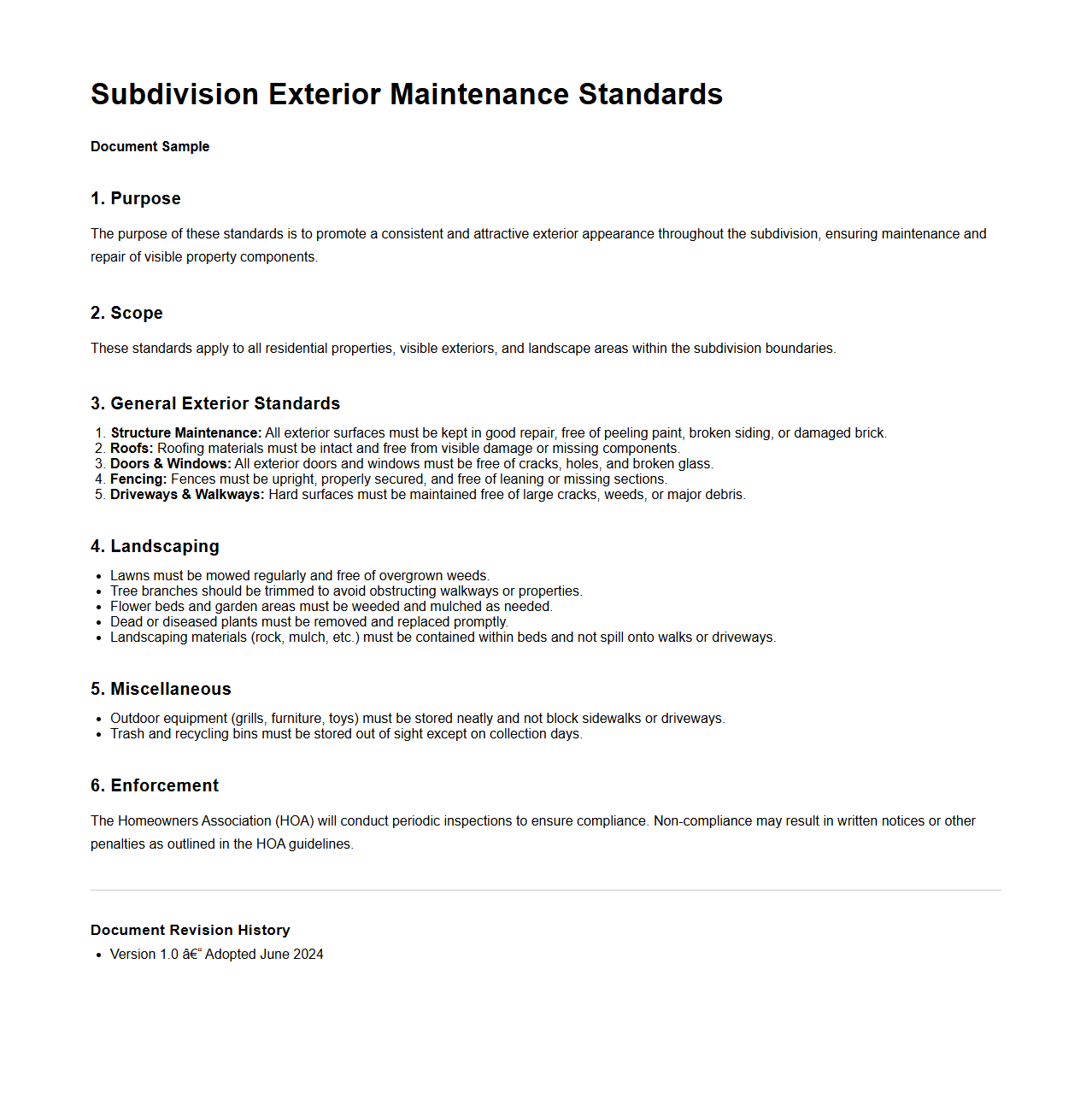 Subdivision Exterior Maintenance Standards Document Sample