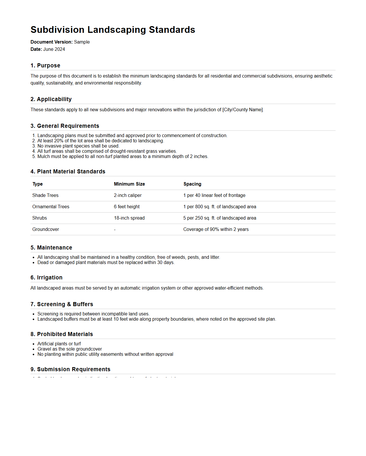 Subdivision Landscaping Standards Document Sample