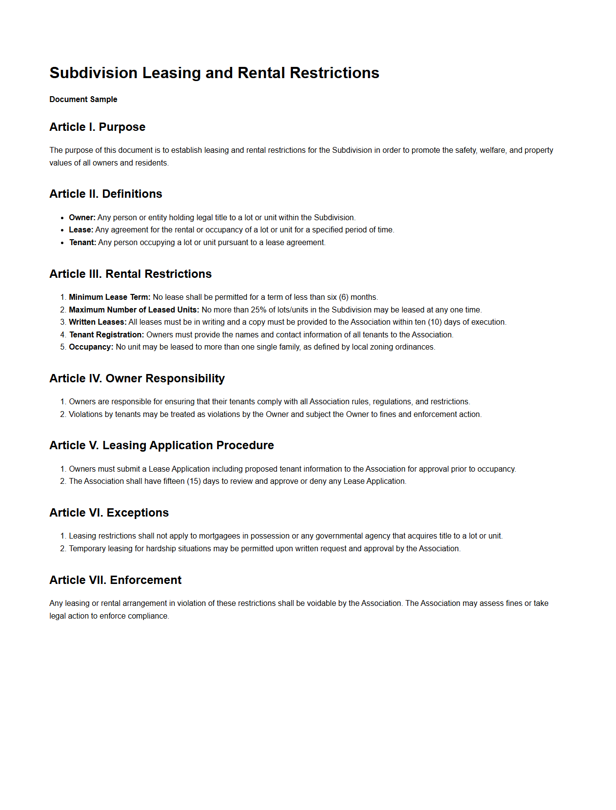 Subdivision Leasing and Rental Restrictions Document Sample