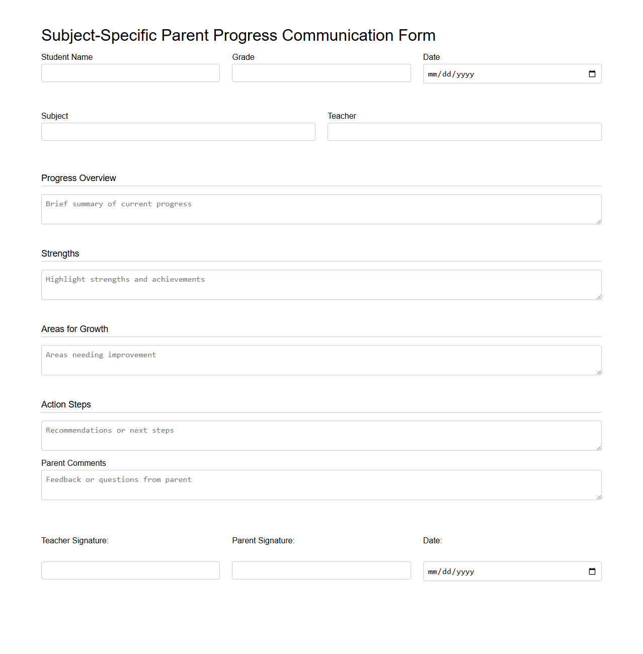 Subject-Specific Parent Progress Communication Form