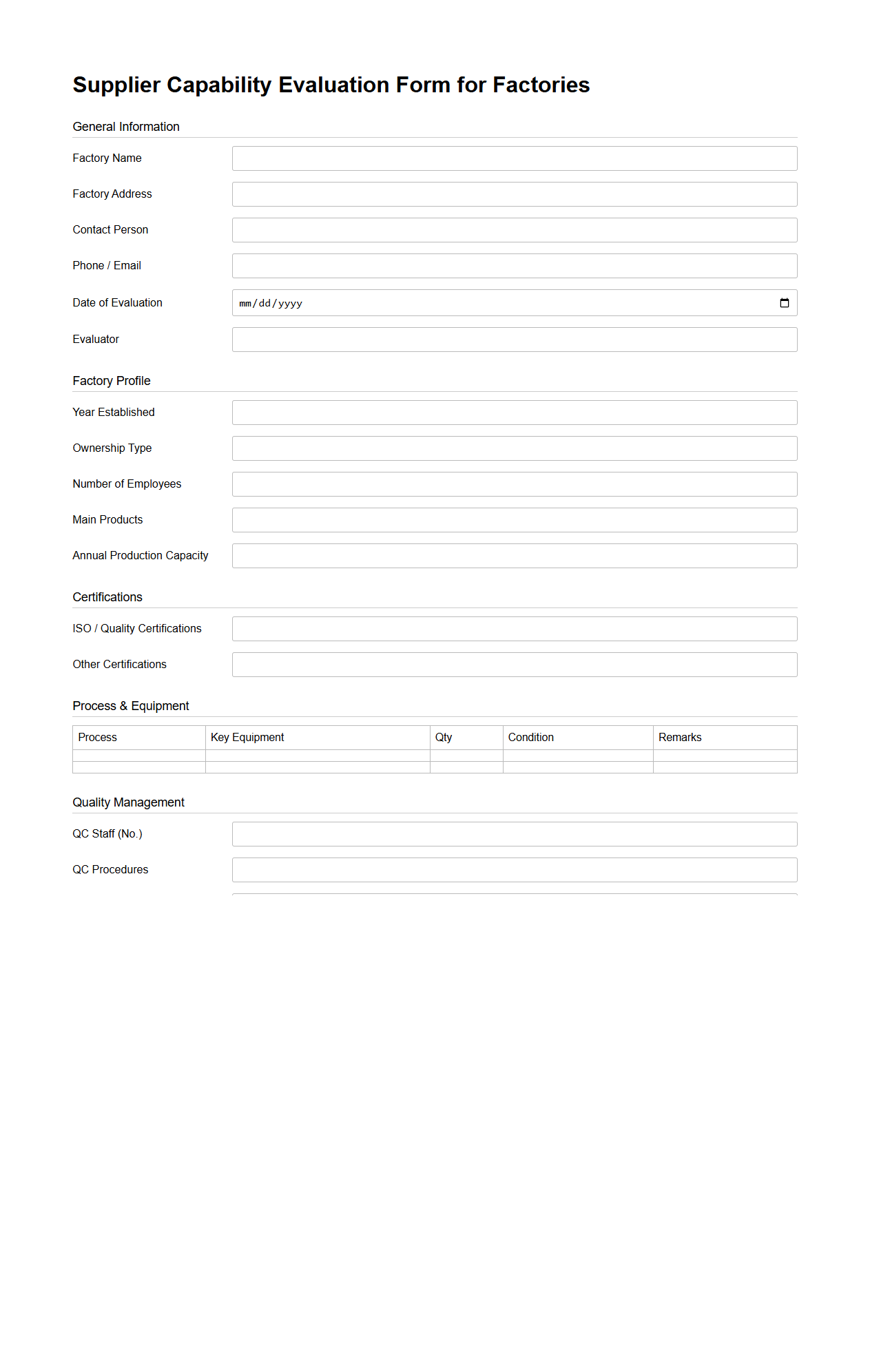 Supplier Capability Evaluation Form for Factories