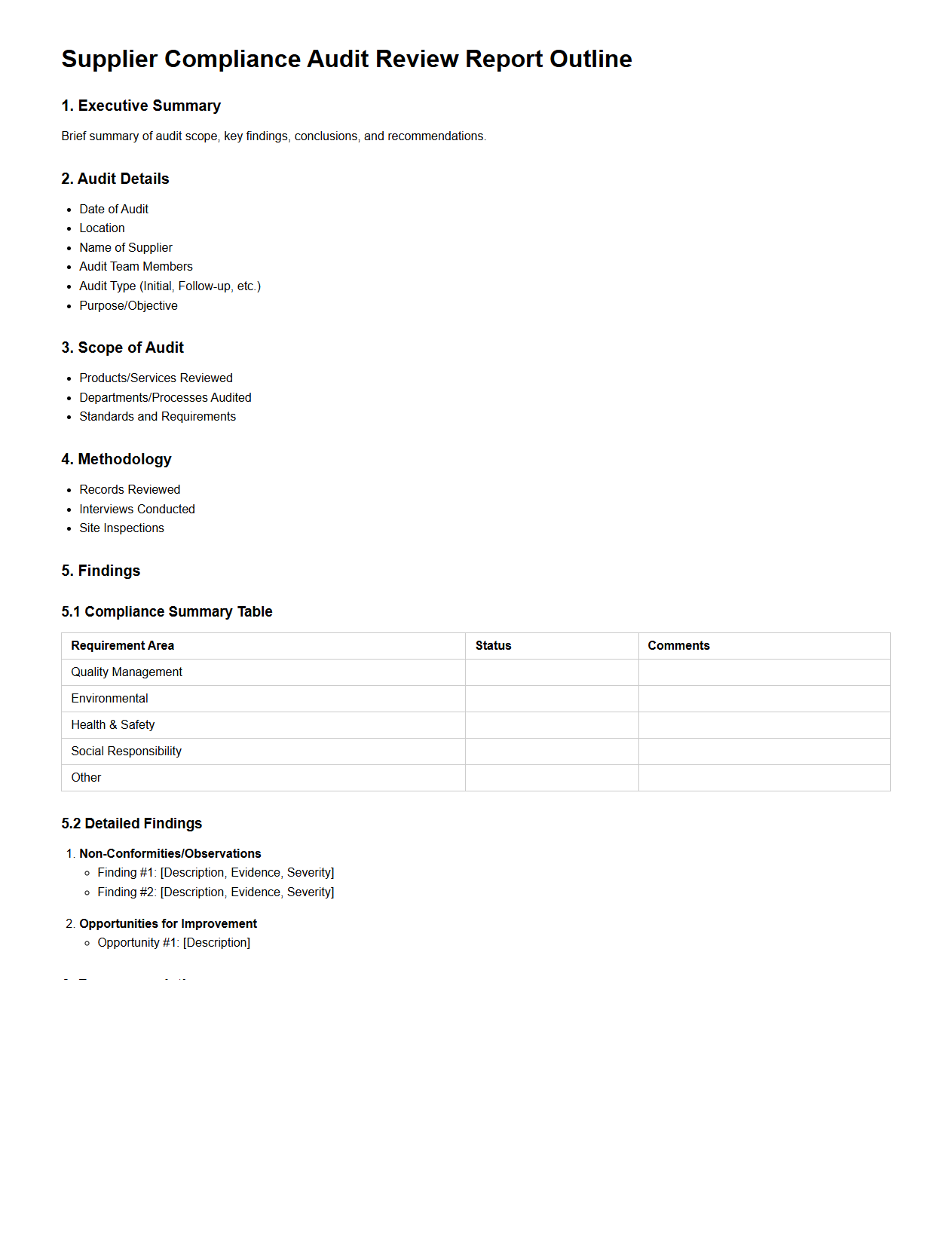 Supplier Compliance Audit Review Report Outline