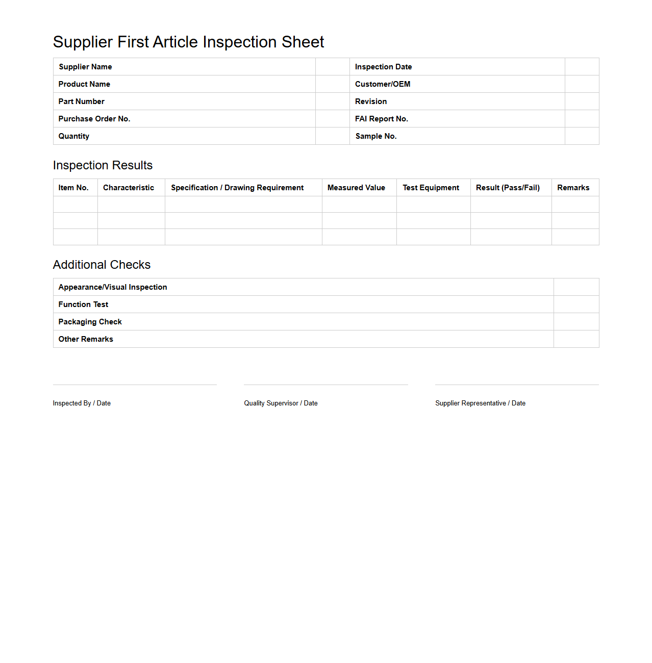 Supplier First Article Inspection Sheet for OEM Products