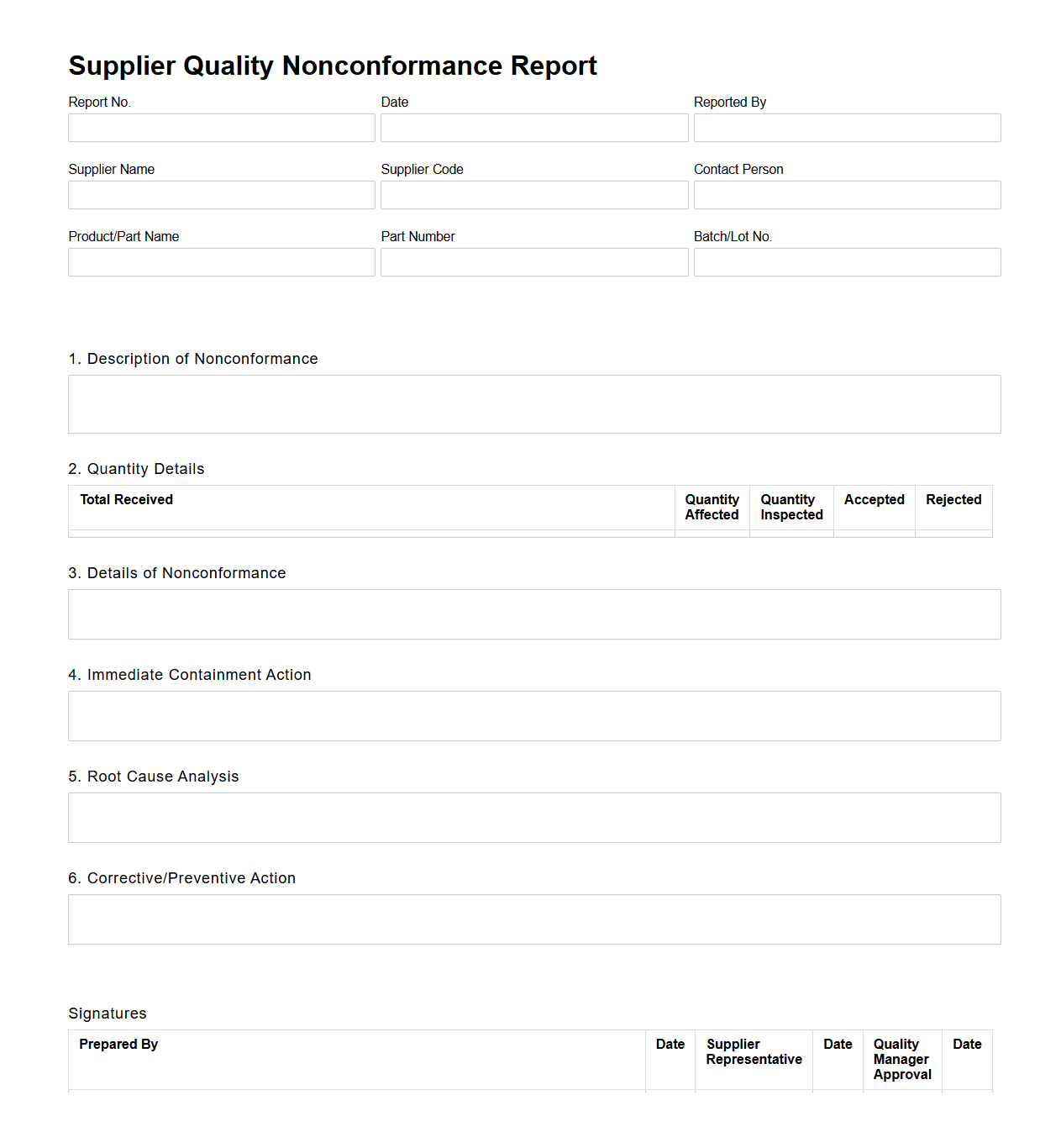 Supplier Quality Nonconformance Report for Manufacturing