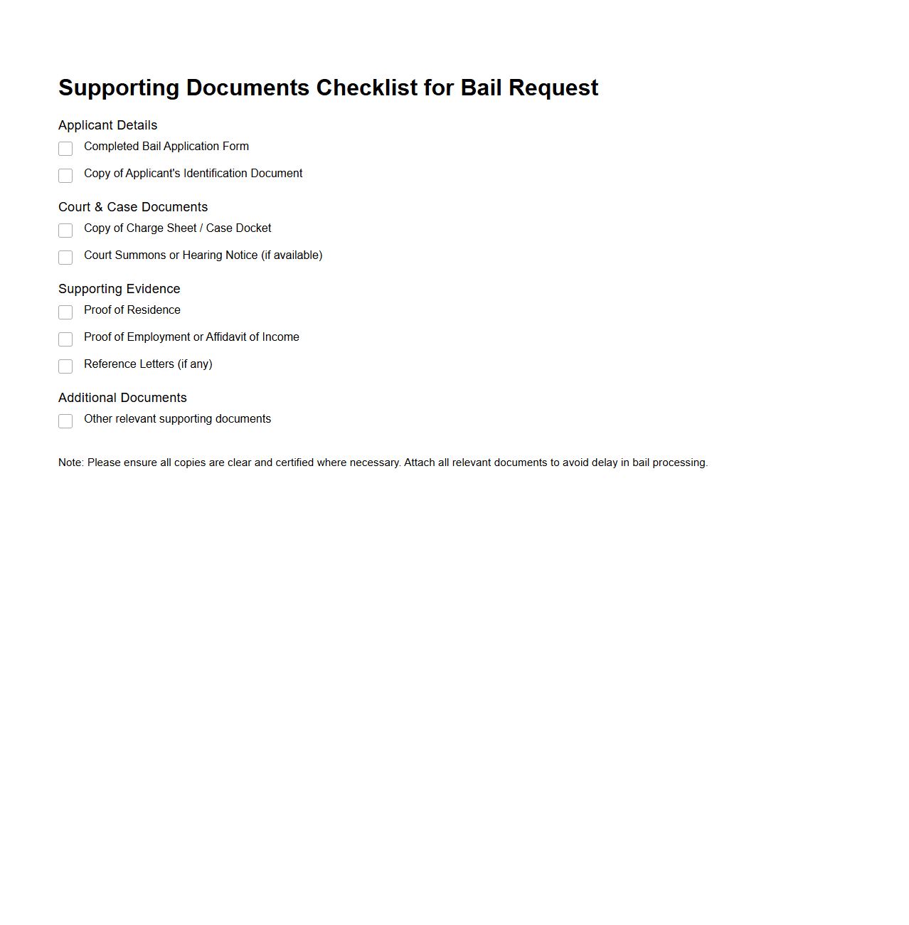 Supporting Documents Checklist for Bail Request