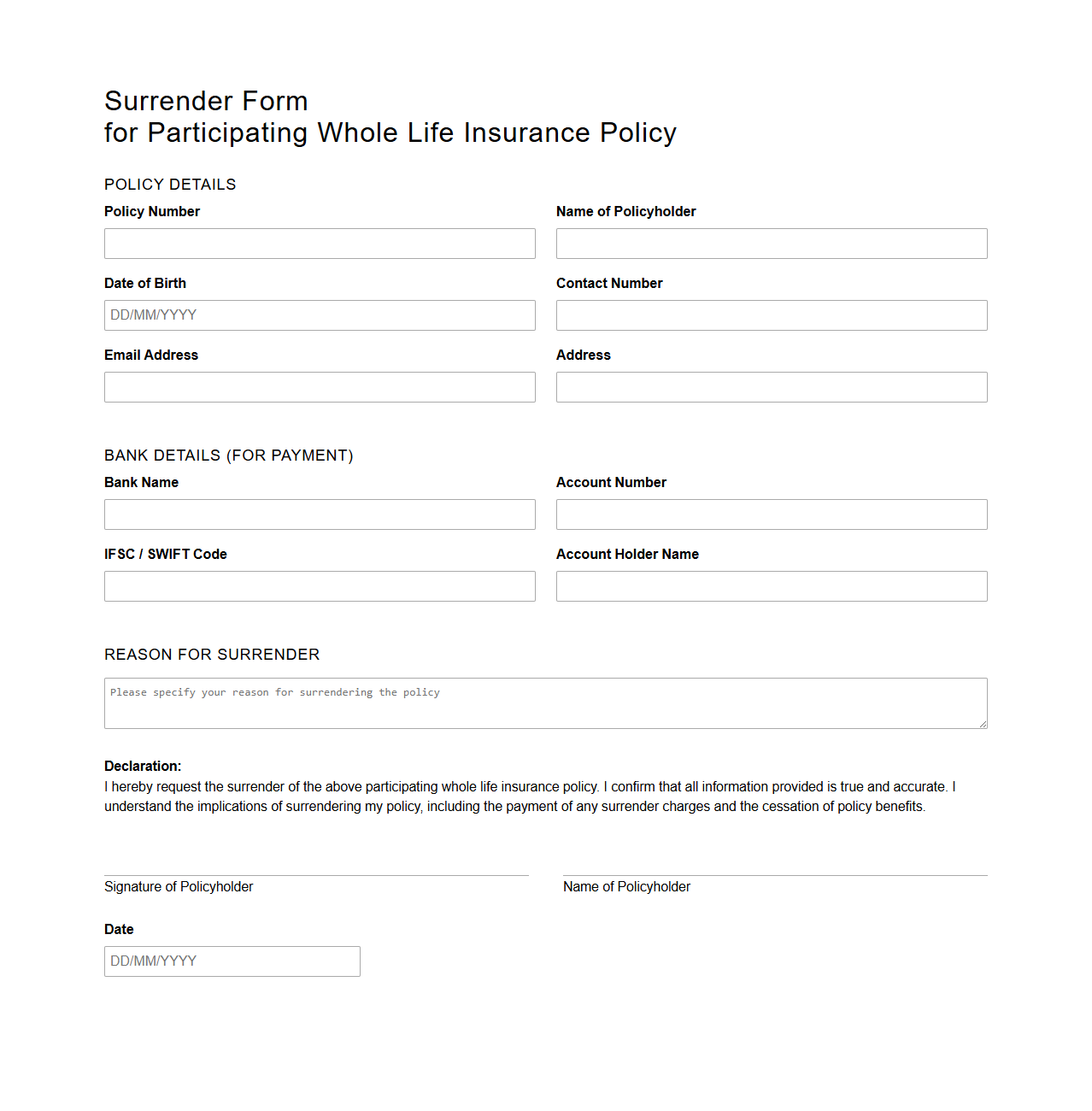 Surrender Form for Participating Whole Life Insurance Policy