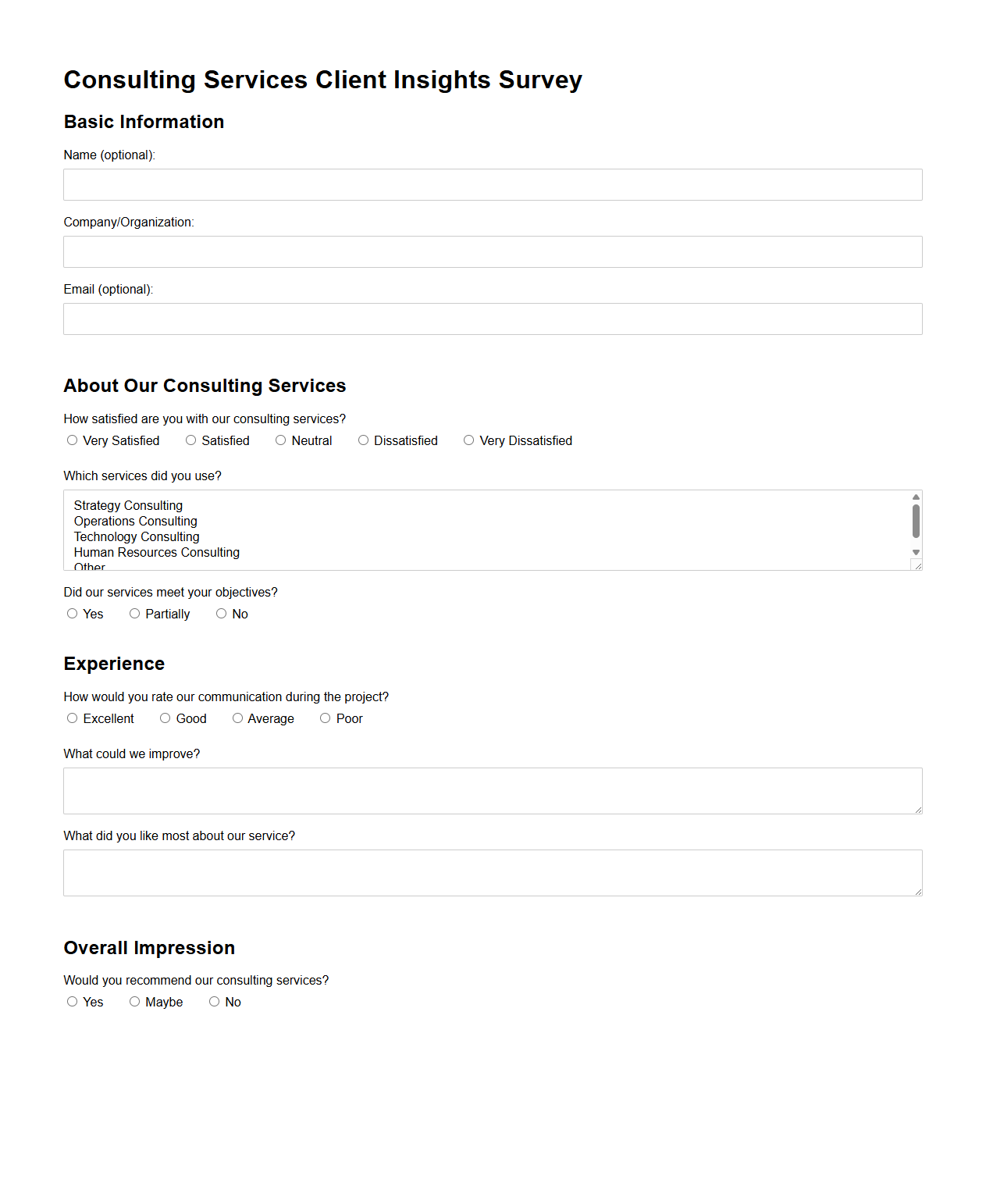 Survey Template for Client Insights on Consulting Services