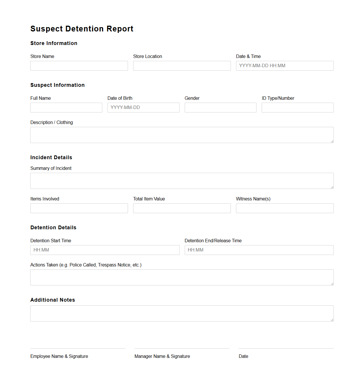 Suspect Detention Report for Retail Environment