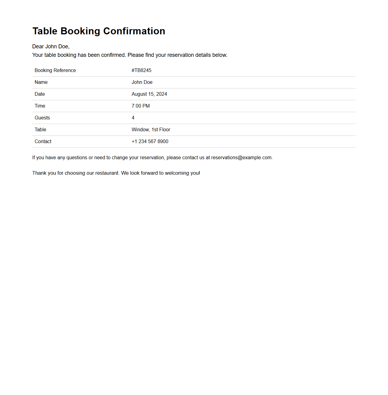 Table Booking Confirmation Message Example