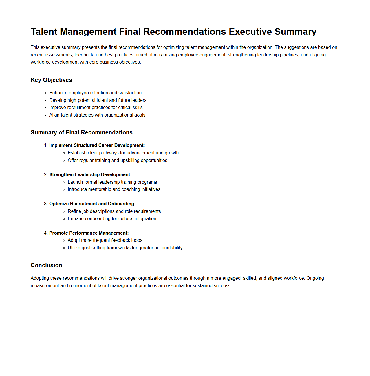 Talent Management Final Recommendations Executive Summary