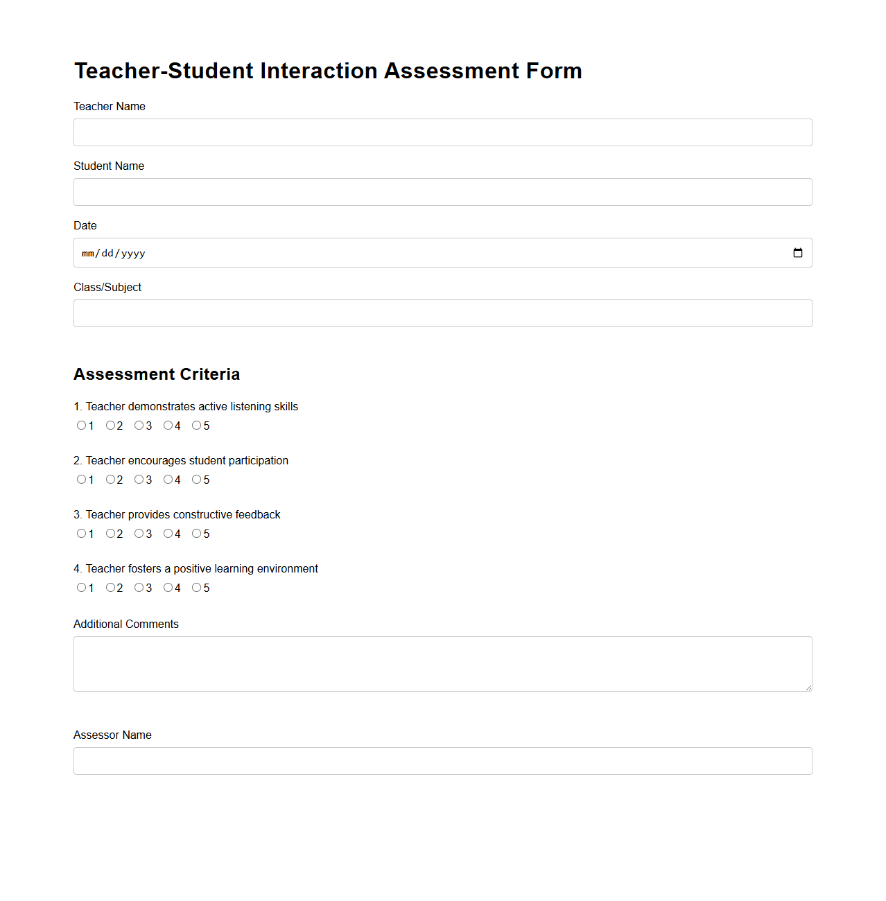Teacher-Student Interaction Assessment Form