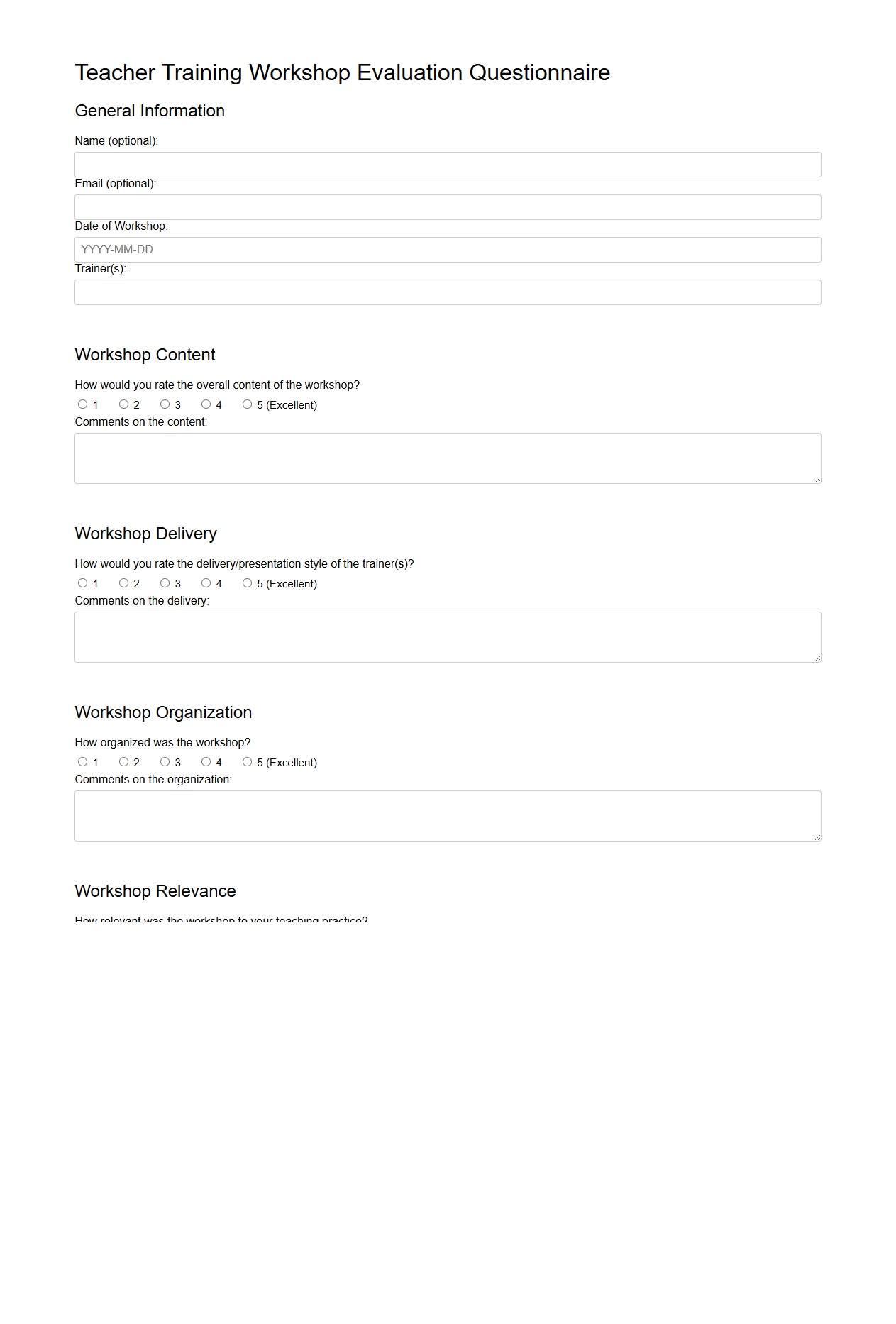Teacher Training Workshop Evaluation Questionnaire