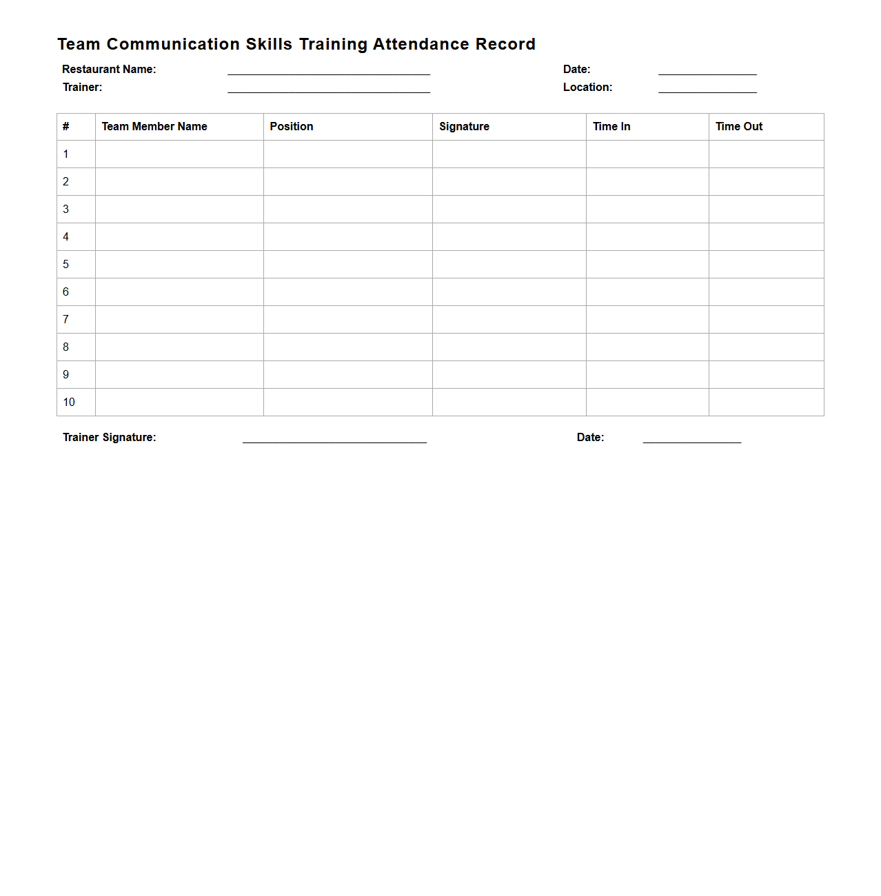 Team Communication Skills Training Attendance Record for Restaurants