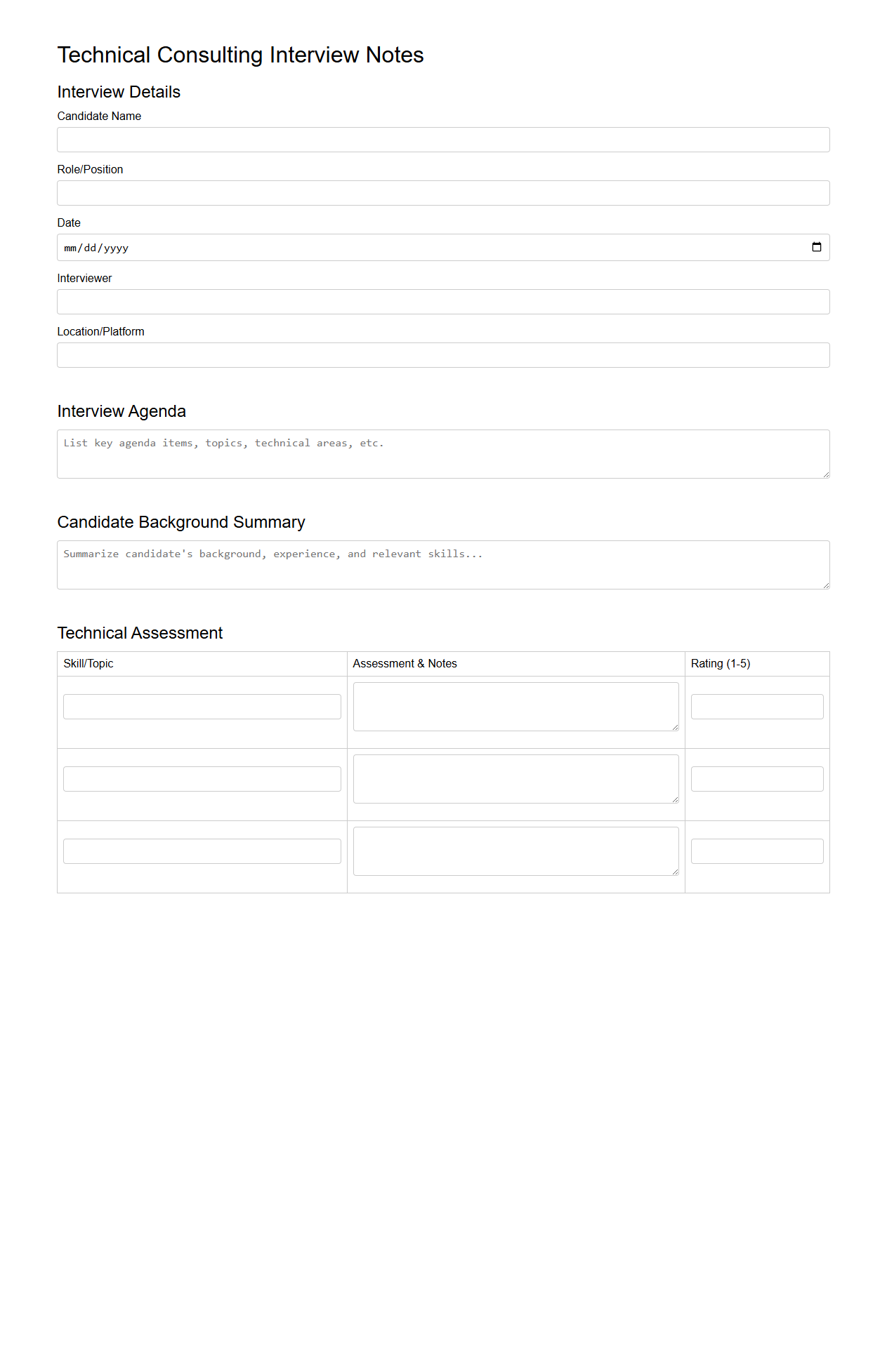 Technical Consulting Interview Notes Recording Sheet