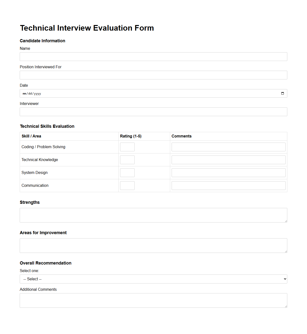 Technical Interview Evaluation Form