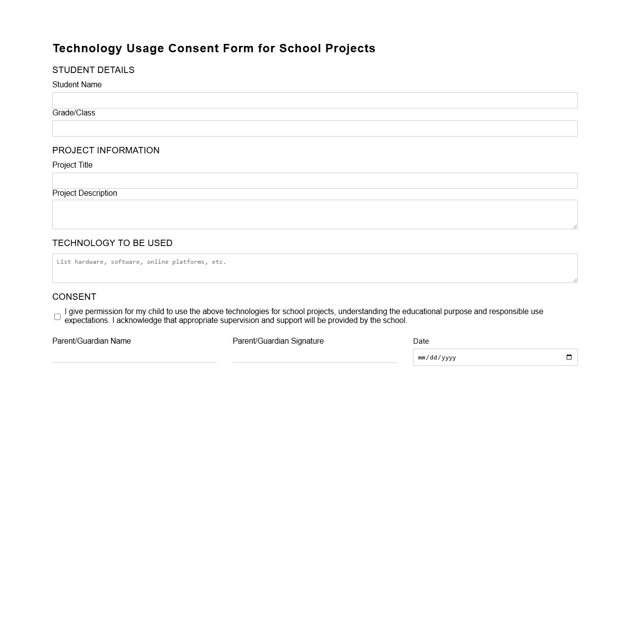 Technology Usage Consent Form for School Projects