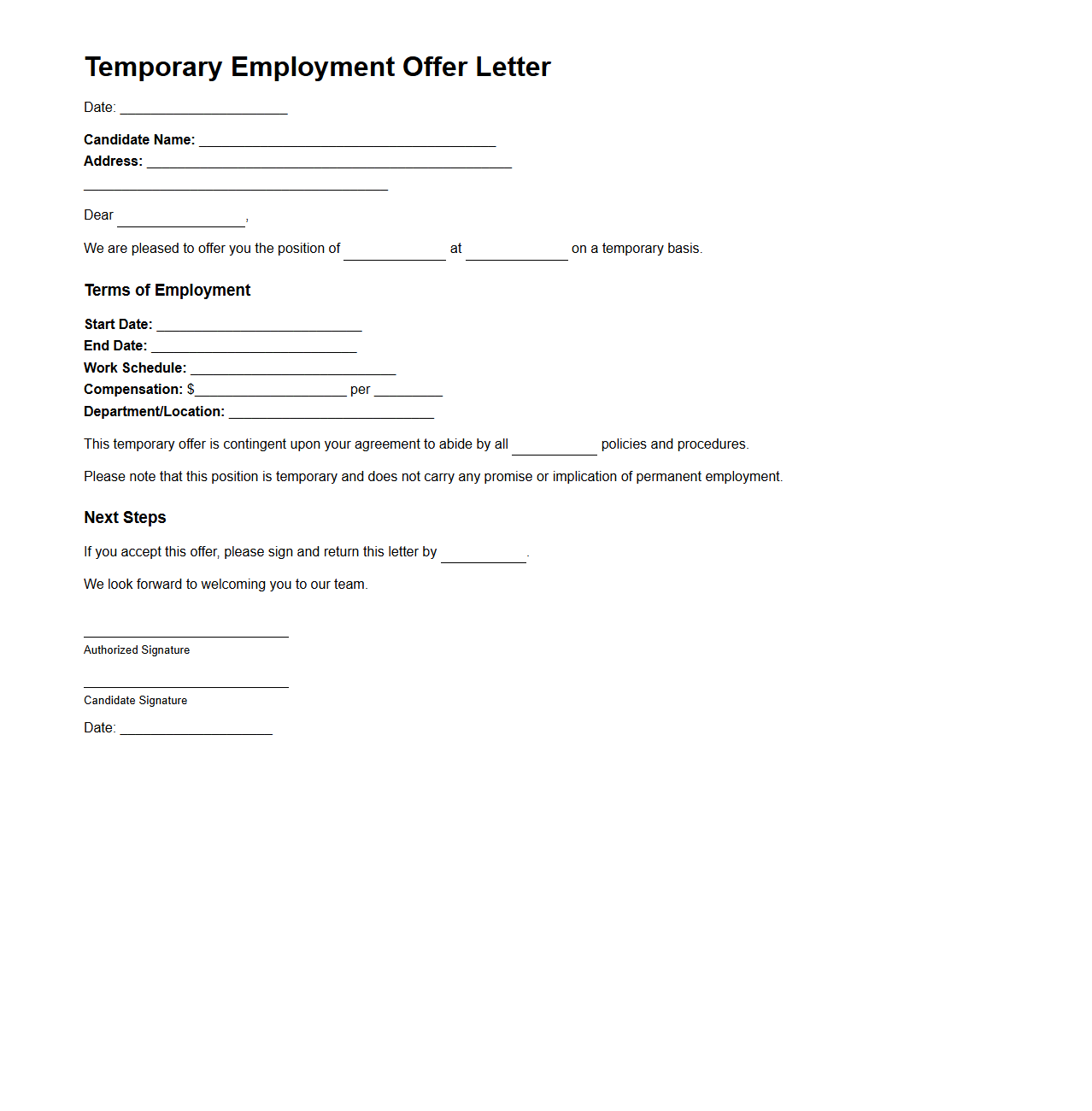 Temporary Employment Offer Letter Example