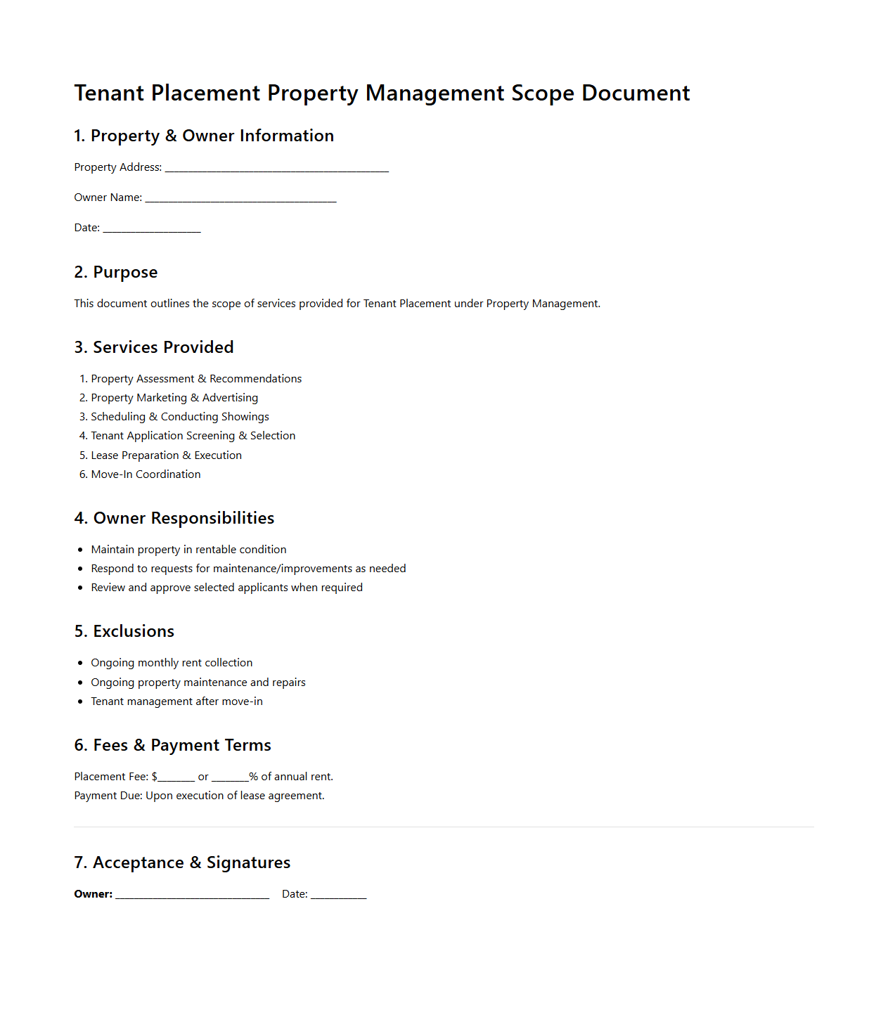 Tenant Placement Property Management Scope Document