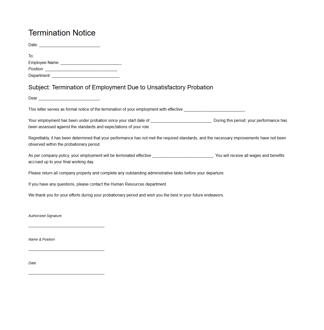 Termination Notice Template for Unsatisfactory Probation