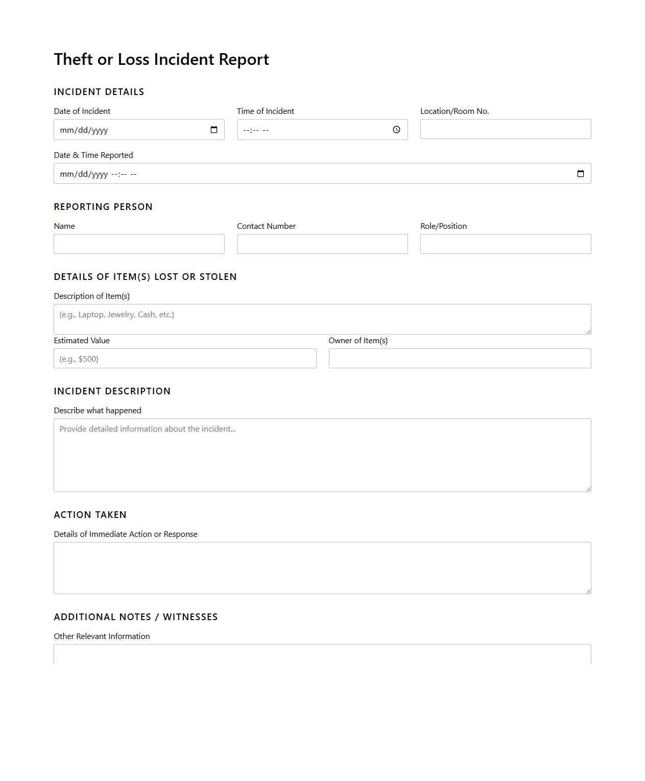 Theft or Loss Incident Report Sample for Lodging Businesses