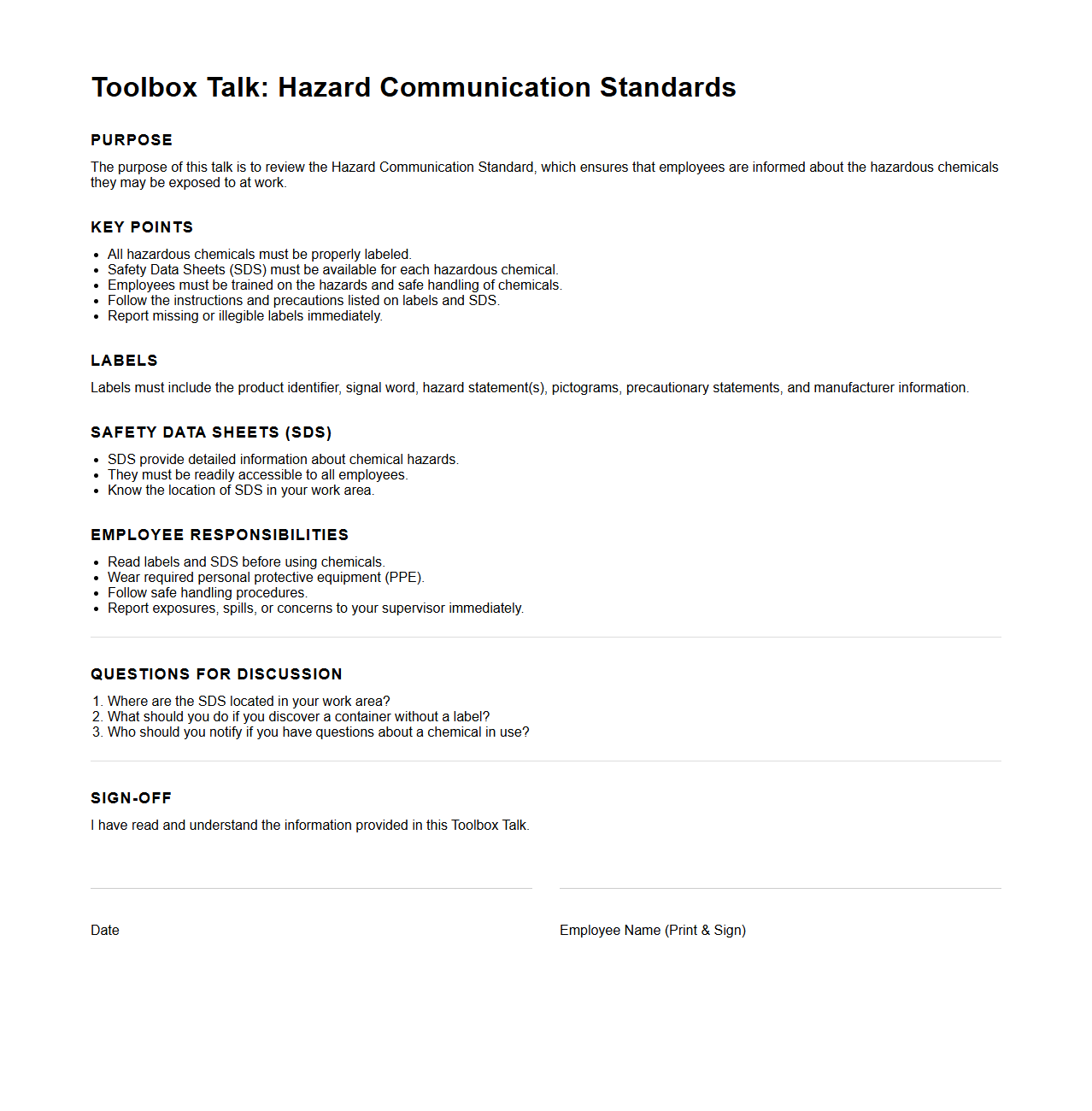 Toolbox Talk: Hazard Communication Standards