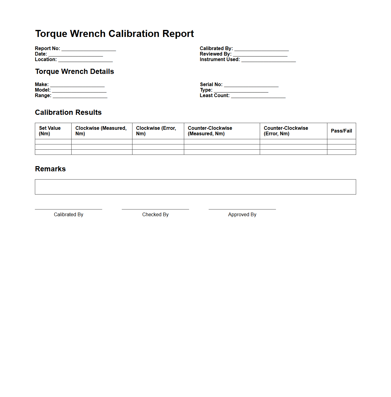 Torque Wrench Calibration Report Format