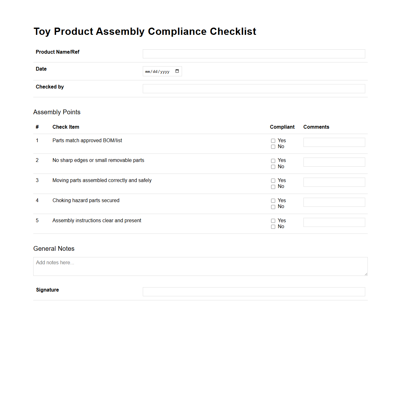 Toy Product Assembly Compliance Checklist