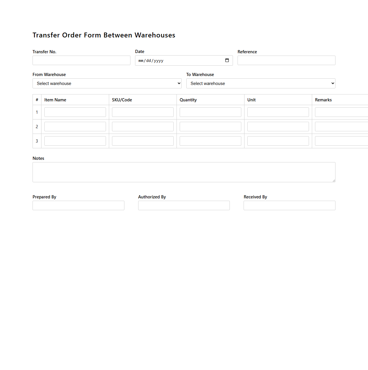 Transfer Order Form Between Warehouses