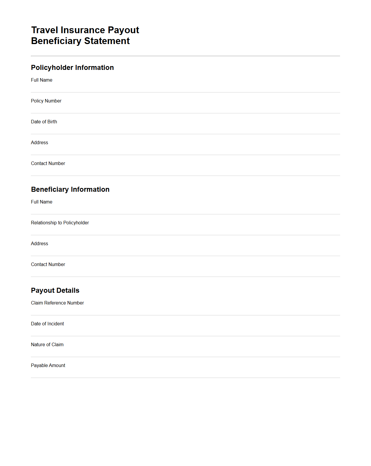 Travel Insurance Payout Beneficiary Statement Sample