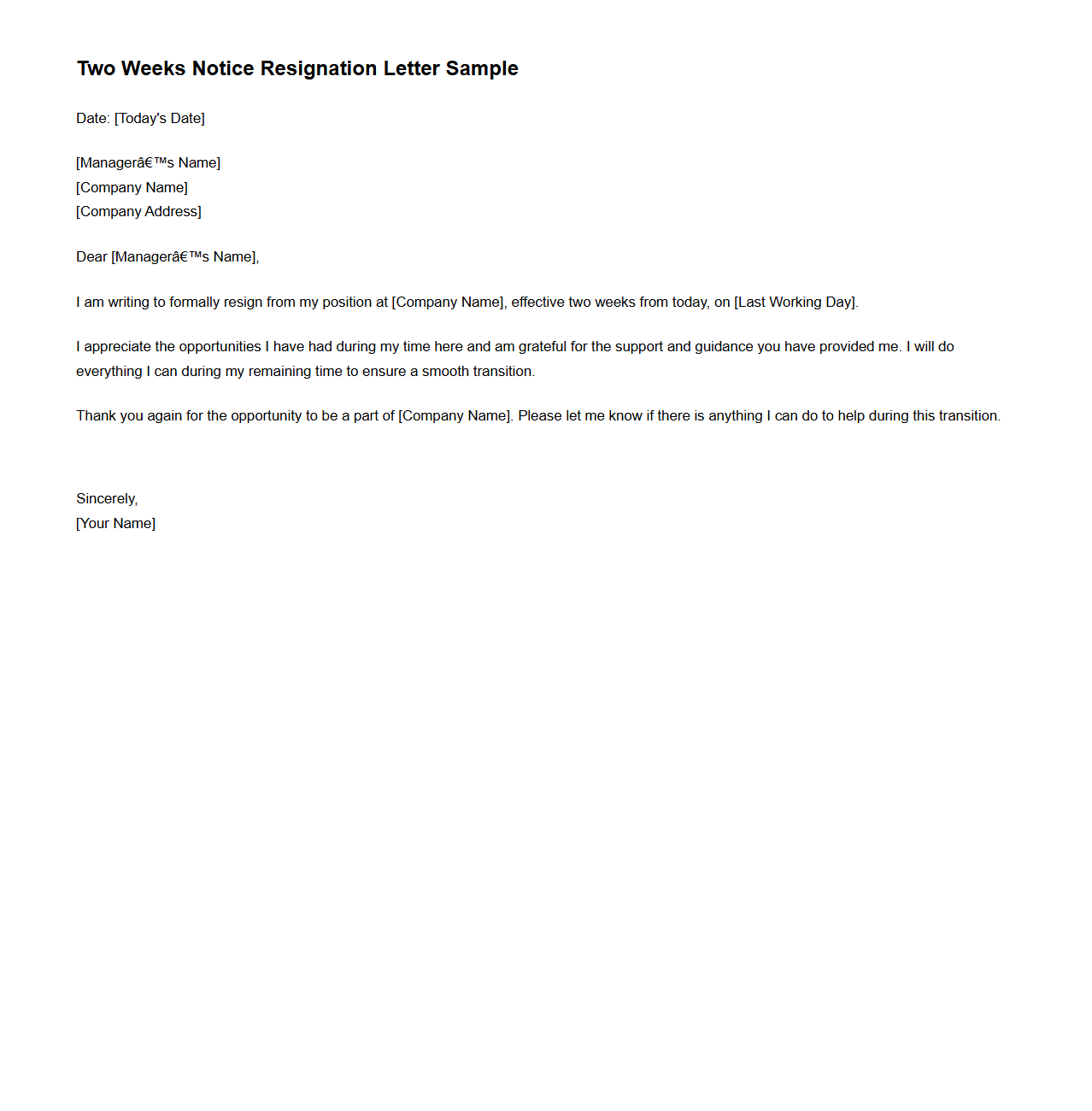 Two Weeks Notice Resignation Letter Sample
