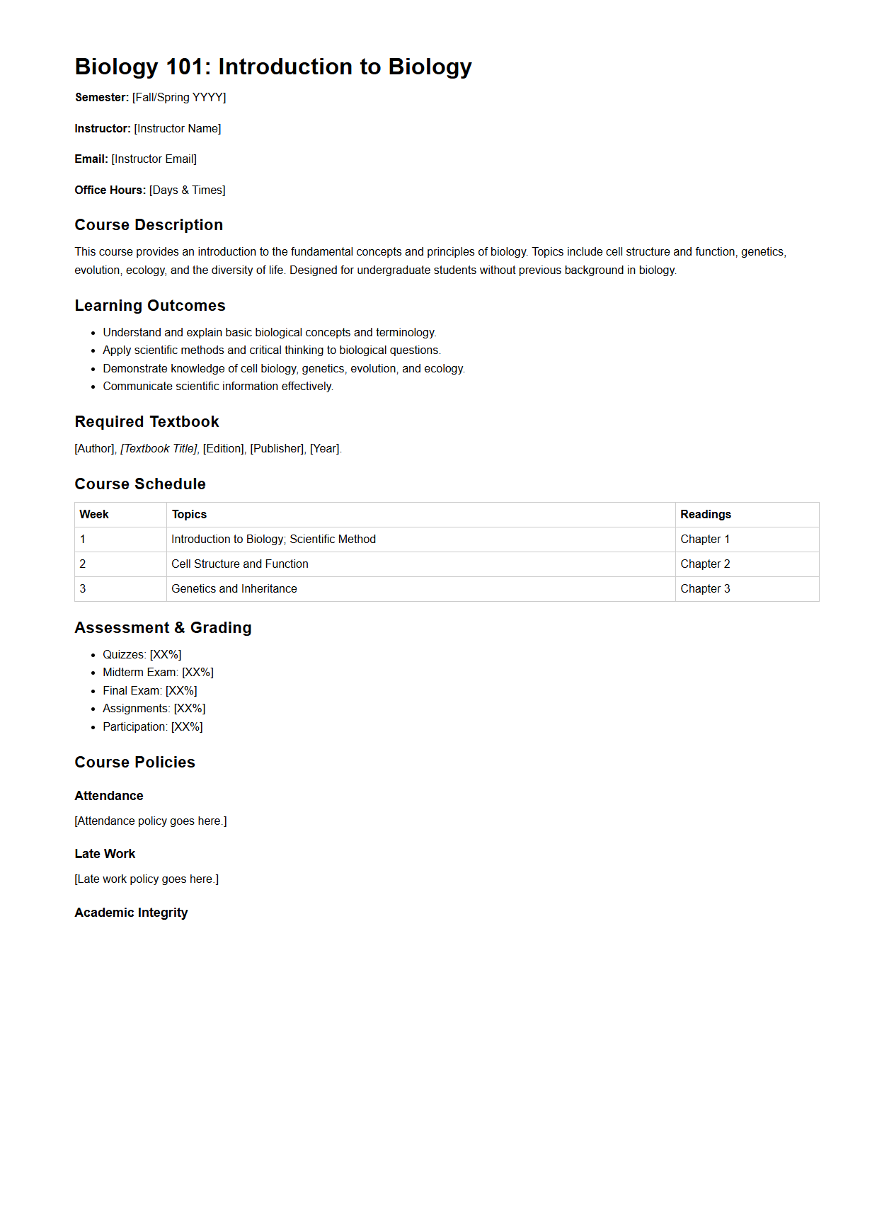 Undergraduate Biology Syllabus Template